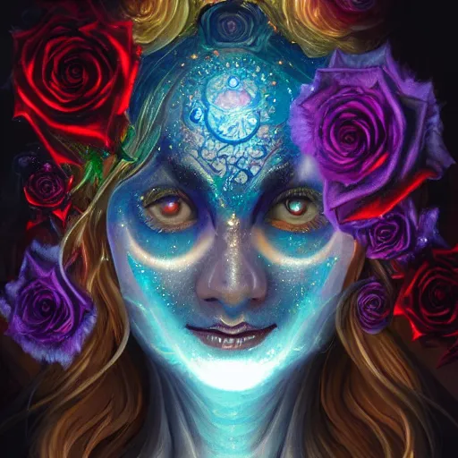 Image similar to Very very very very highly detailed mystic, enigmatic, strange portrait with galaxy, roses, shark's teeth, intricate, extremely detailed, digital painting, artstation, concept art, smooth, sharp focus, illustration, intimidating lighting, incredible art,