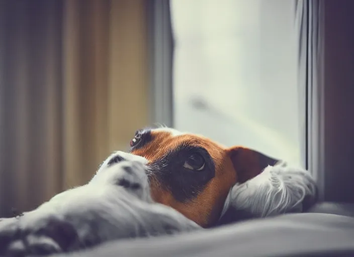 Image similar to photography of a Jack Russel . watching outside the window. on a bed. in a 70's room full of vinyls and posters, photorealistic, award winning photo, 100mm, sharp, high res