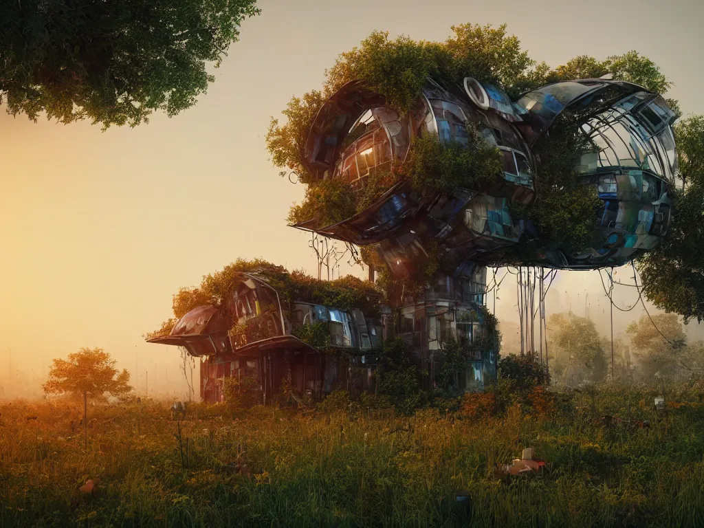 Image similar to beautiful organic house made from junk scrap parts, in an overgrown field, architectural render, futuresynth, chillwave, scrapyard architecture, blender, sunrise, (((mist))), trending on artstation, by gal barkin