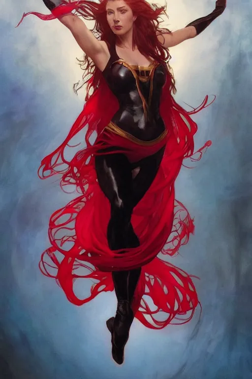 Image similar to marvel superhero, beautiful woman, floating in the air, red tight costume and red long hair, black cloak, power field around her, detailed portrait, dark background texture, alphonse mucha, greg rutkowski, trending on artstation, artgerm, breathtaking, sharp focus, smooth, mark arian, award winning, highly detailed 8 k art