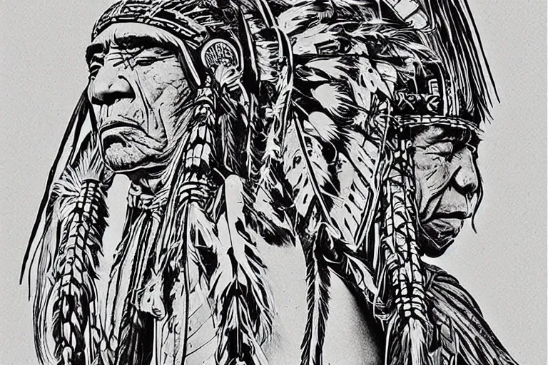 Image similar to strong native americans, beautiful line art, ink illustration, sketch, pure b&w