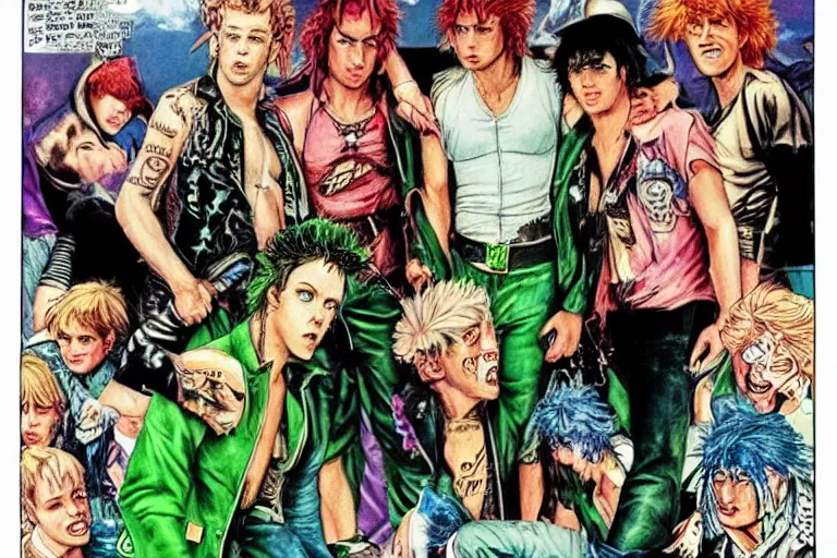 Prompt: 1 9 8 0's punk rock lost boys of neverland fighting an adult peter pan who abandoned them. london. art by glenn fabry. hyper realistic. london.