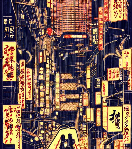 Image similar to futuristic japanese cyberpunk bladerunner silk screen by utagawa yoshiiku, ohara koson, pixiv contest winner, cyberpunk style, cyberpunk color scheme, mechanical, robotic, human machine interface, high resolution, hd