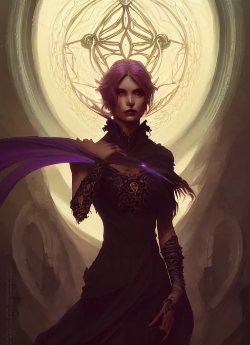 Image similar to Necromancer Sorceress, fantasy magic, undercut hairstyle, dark light night, intricate, elegant, sharp focus, illustration, highly detailed, digital painting, concept art, matte, art by WLOP and Artgerm and Greg Rutkowski and Alphonse Mucha, masterpiece