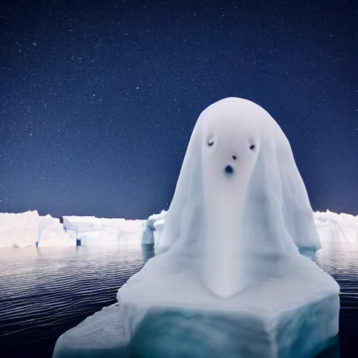 Prompt: A white female ghost sitting on a small iceberg, magically horrifying night sky, high quality photograph