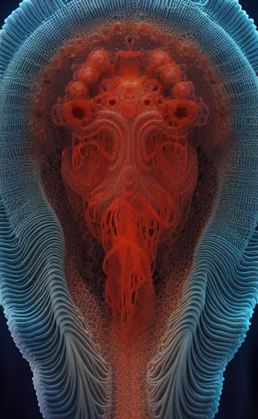 Image similar to portrait intricate mask, eagle coral, jelly fish, mandelbulb 3 d, fractal flame, octane render, cyborg, biomechanical, futuristic, by ernst haeckel