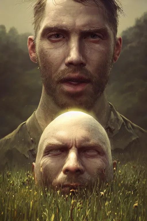 Prompt: a fancy portrait of a giant michanical face buried in the meadow by Greg Rutkowski, Sung Choi, Mitchell Mohrhauser, Maciej Kuciara, Johnson Ting, Maxim Verehin, Peter Konig, final fantasy, Marco lense , 8k photorealistic, cinematic lighting, HD, high details, atmospheric , trending on artstation