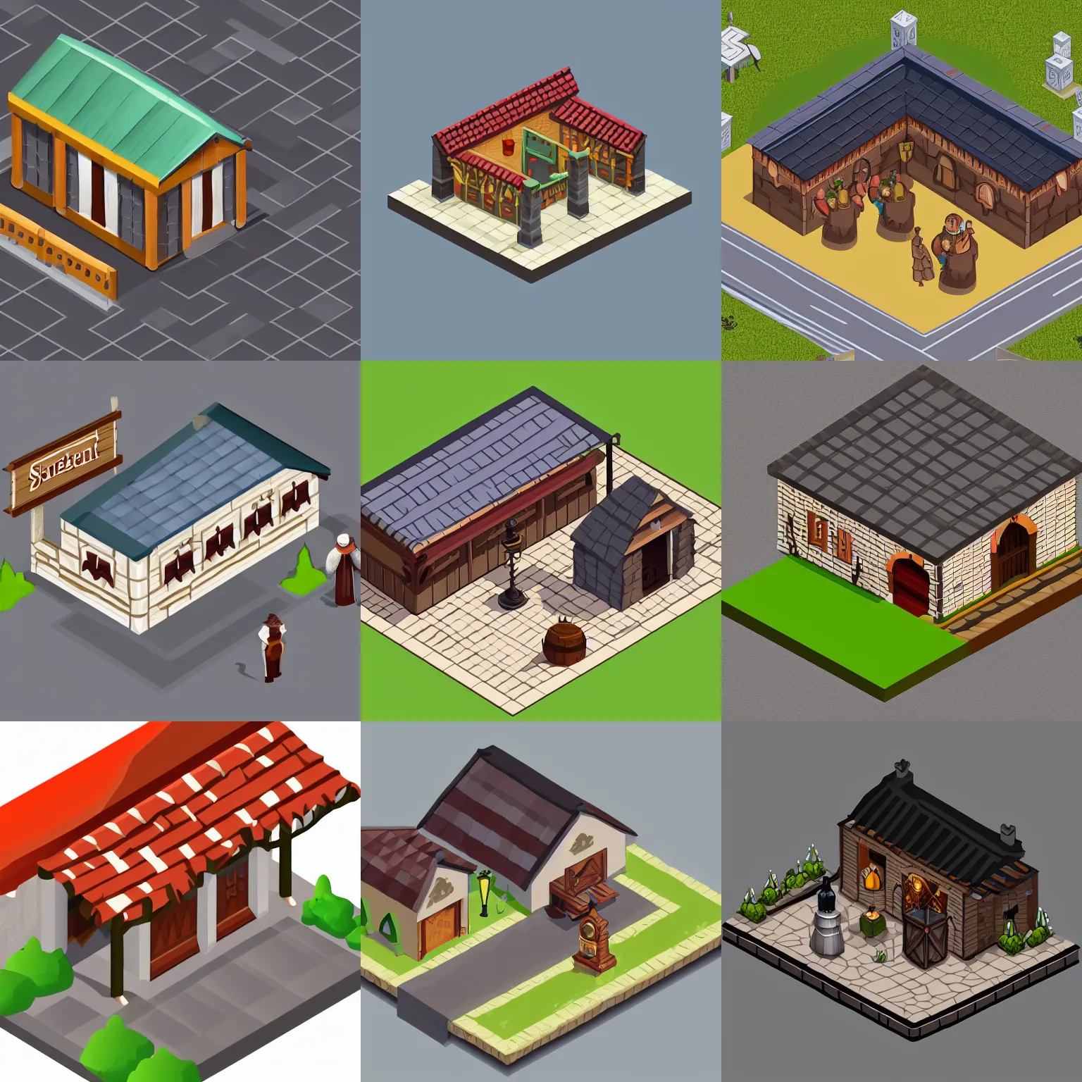 Prompt: isometric view, outside medieval tavern, asset on grey background