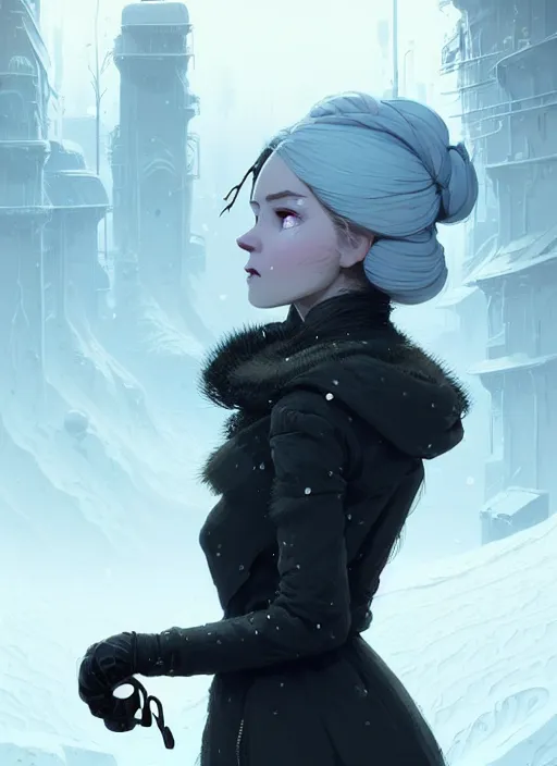 Image similar to highly detailed portrait of a hopeful frostpunk long blonde hair lady with curvy short black dress, stray wiring by atey ghailan, james gilleard, by joe fenton, by greg rutkowski, by greg tocchini, by kaethe butcher, 4 k resolution, gradient blue, black and white color scheme!!! ( ( ice and snow entrenched robotic dystopian city background ) )