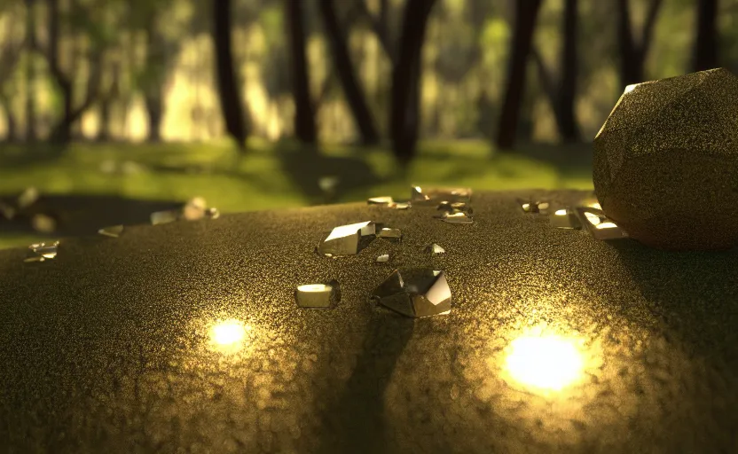 Prompt: a 3d render of shining pieces in in the forest as the sun rises, macro shot, 21:9, cinema 4d, hyperrealistic