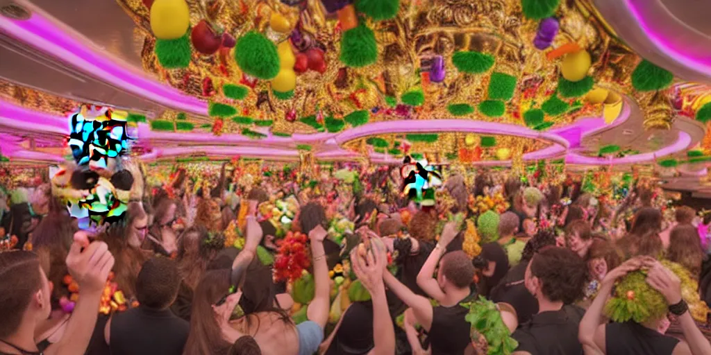 Image similar to 8 k uhd cinema 4 d, octane render of multiple cats dressed as vegetables with vegetables as masks, vegetables dressed as cats with fluffy tails, line dancing at a party, in the ballroom of a luxury cruise liner, beautiful chandeliers from the ceiling, ultra realistic, group photography, 1 0 5 mm lens, multi coloured volumetric lighting