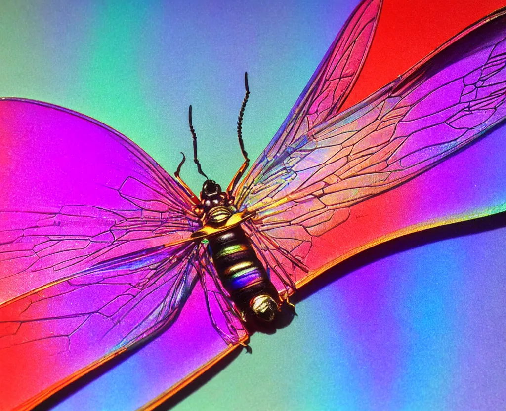 Prompt: beautiful matte airbrush of a iridescent colorful hyper real insect wing on a white background, inspired by 8 0's airbrush illustrations, red purple and blue color palette, art by pater sato