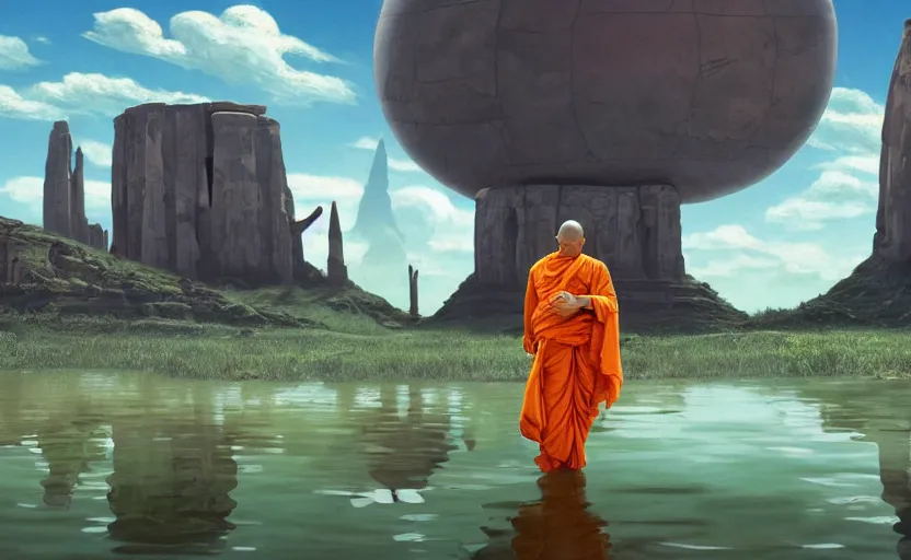 Prompt: a scary hyperrealist painting of an indian monk in a giant transparent bubble from howl's moving castle ( 2 0 0 4 ) in a flooded monument valley stonehenge jungle. depth perception, 4 k, artstation, in the style of studio ghibli