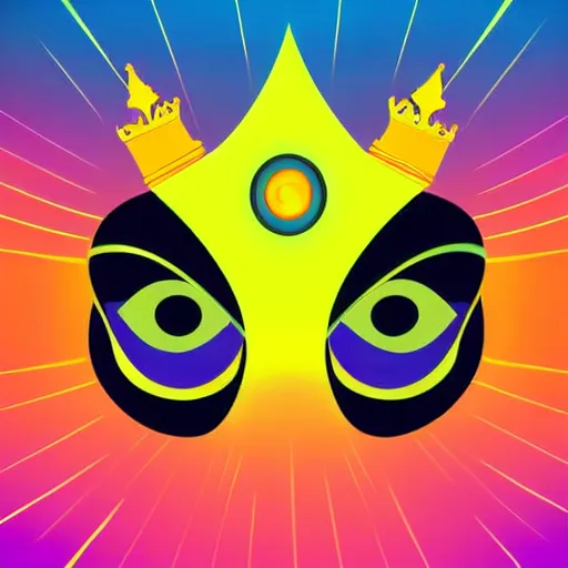 Image similar to a glowing colorful minimal elegant crown sitting on a table with one large beautiful eye on top of it like a jewel, one black pupil in the eye, shining stars on top of the crown, night time, vast cosmos, geometric light rays exploding outwards into stars, bold black lines, flat colors, minimal psychedelic 1 9 5 0 s poster illustration
