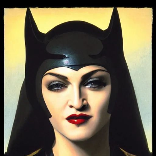 Image similar to Painting of Madonna as Catwoman from Batman Returns. Art by william adolphe bouguereau. During golden hour. Extremely detailed. Beautiful. 4K. Award winning.