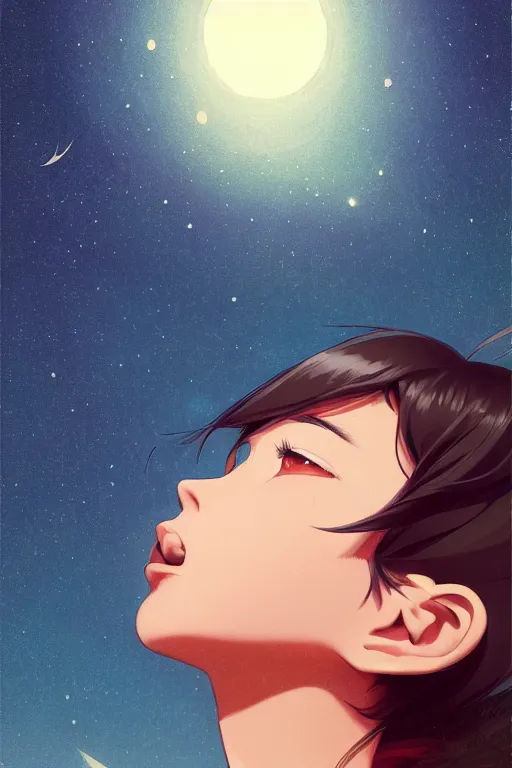 Image similar to a girl looking up at the night sky in awe, full shot, fine - face, realistic shaded perfect body, fine details. night setting. very anime style. realistic shaded lighting poster by ilya kuvshinov katsuhiro, magali villeneuve, artgerm, jeremy lipkin and michael garmash, rob rey and kentaro miura style, trending on art station