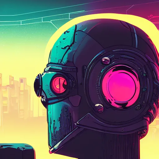 Prompt: in the style of max prentis and deathburger and laurie greasley a close up of a young explorer wearing a cyberpunk headpiece sitting connected to an ancient and huge mechanical head, highly detailed, 8k wallpaper