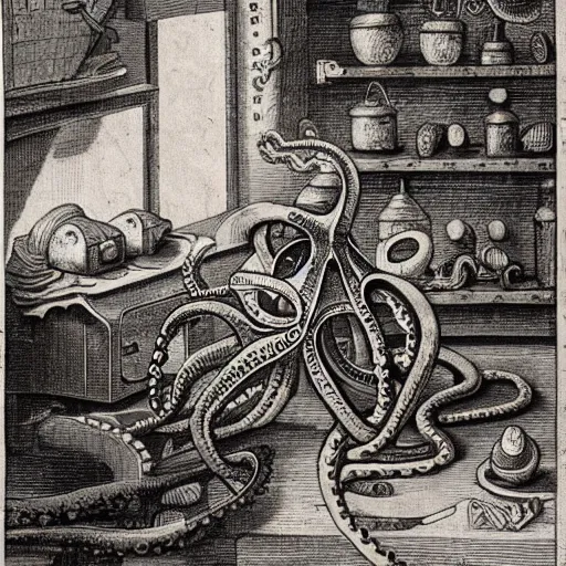 Prompt: a realistic octopus in a car repair shop, engraving, ink, 1 7 th century