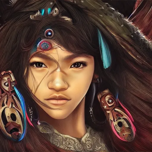 Image similar to “Zendaya, Mononoke-hime style, fantasy, photorealistic, concept Art, ultra detailed portrait, 4k resolution”