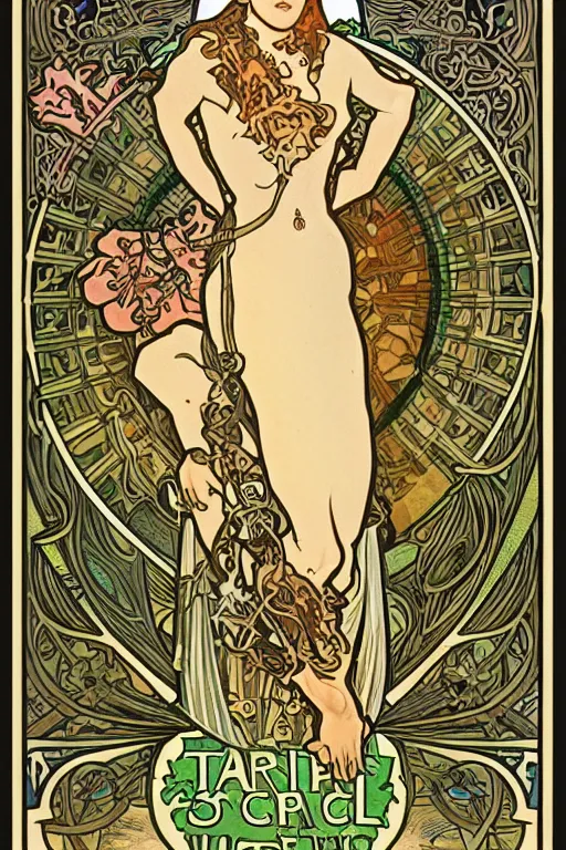 Image similar to Tarot card illustration of The Stoat, illustration by Alphonse Mucha, art nouveau style, elaborate details, 4k