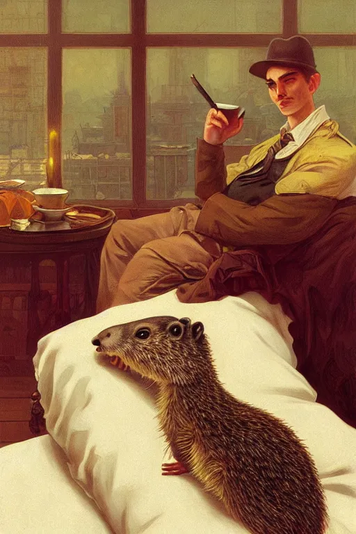 Image similar to groundhog smoking pot lies on the bed, realistic portrait, highly detailed, digital painting, artstation, concept art, smooth, sharp focus, illustration, cinematic lighting, art by artgerm and greg rutkowski and alphonse mucha