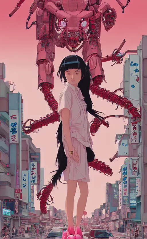 Image similar to Artwork by James Jean, Phil noto and hiyao Miyazaki ; a young Japanese future samurai police girl named Yoshimi battles an enormous looming evil natured carnivorous pink robot on the streets of Tokyo; Japanese shops and neon signage; crowds of people running; Art work by hiyao Miyazaki, Phil noto and James Jean