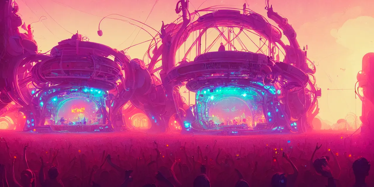 Prompt: tomorrowland, hyper - realistic detailed music festival stage, by atey ghailan, by greg rutkowski, by greg tocchini, by james gilleard, by joe fenton, by kaethe butcher, dynamic lighting, neon cinematic lighting color scheme, white lighting, grunge aesthetic