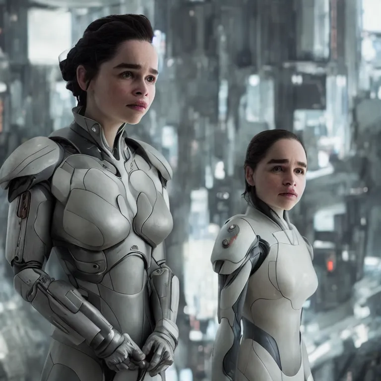 Image similar to scifi emilia clarke looks like ghost in the shell, extremely high detail, smiling woman, cyborg, photorealism, emilia clarke, sony a 7 r