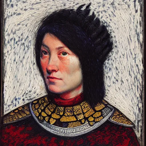 Prompt: head and shoulders portrait of a female knight, inuk, lorica squamata, tonalist, baroque, symbolist, sfumato, chiaroscuro, luminous, detailed, ravens, hard lighting, engraving, bargello pattern, palette knife, prussian blue and venetian red, oil glazing