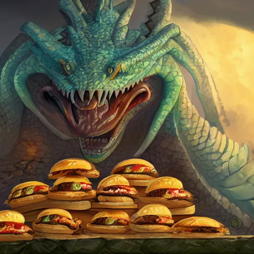 Image similar to Tiamat guarding a pile of cheeseburgers, dungeons and dragons, wizards of the coast, trending on art station, maximum detail, HD, cinematic