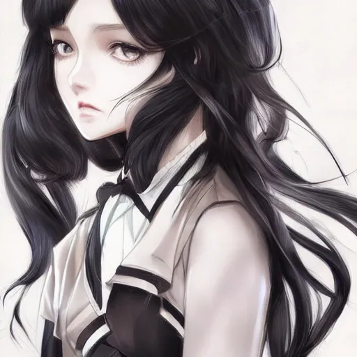 Image similar to portrait of a beautiful girl with long black hair, wearing police riot uniform, drawn by WLOP, by Avetetsuya Studios, attractive character, colored sketch anime manga panel, trending on Artstation