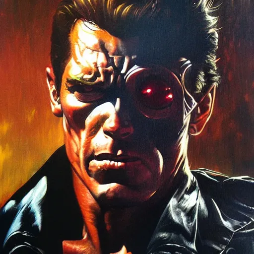 Prompt: ultra realistic portrait painting of the terminator, art by frank frazetta, vintage levi ’ s ad, stormy weather, dark vibes, 4 k, ultra realistic, highly detailed, epic lighting