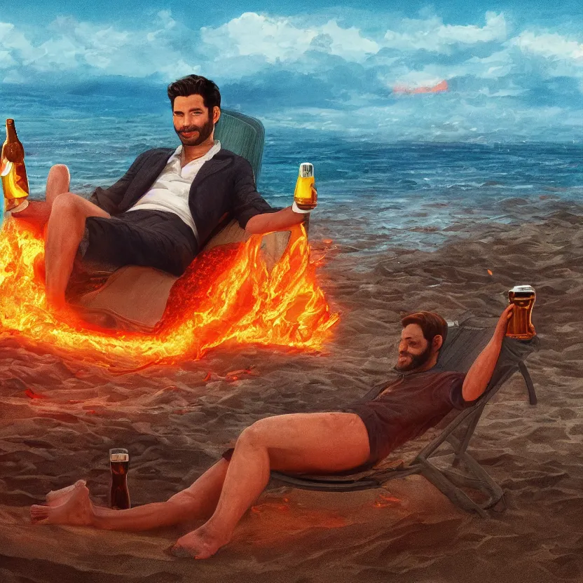 Image similar to Lucifer Morningstar laying in a beach chair on a lava beach in hell drinking a beer, 4k, highly detailed, in the style of Niko Henrichon