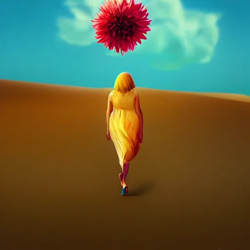 Prompt: closeup giant dahlia flower as a head, a girl walking between dunes, surreal photography, sunrise, blue sky, dramatic light, impressionist painting, digital painting, artstation, simon stalenhag