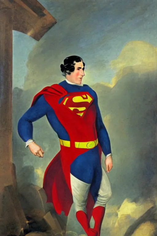 Image similar to portrait of superman during the american revolution. painting by john trumbull.