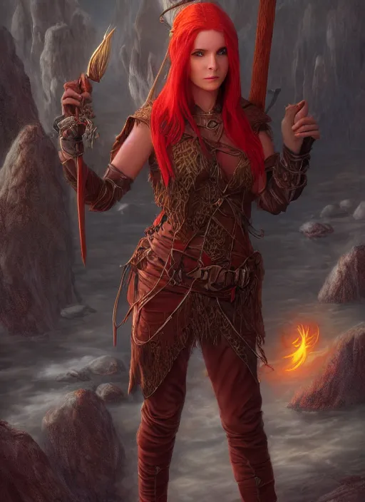 Image similar to photography of beautiful elf witch red hair, holding a magic staff, d & d fantasy character, detailed matte painting, studio lighting, octane render, larry elmore michael whelan artstation