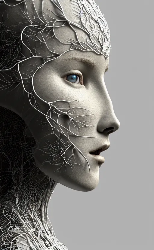 Image similar to complex 3d render of a beautiful porcelain profile woman face, vegetal dragon cyborg, 150 mm, beautiful natural soft light, rim light, silver details, magnolia leaves and stems, roots, fine lace, maze like, mandelbot fractal, anatomical, facial muscles, cable wires, microchip, elegant, highly detailed, white metallic armour, octane render, black and white, H.R. Giger style