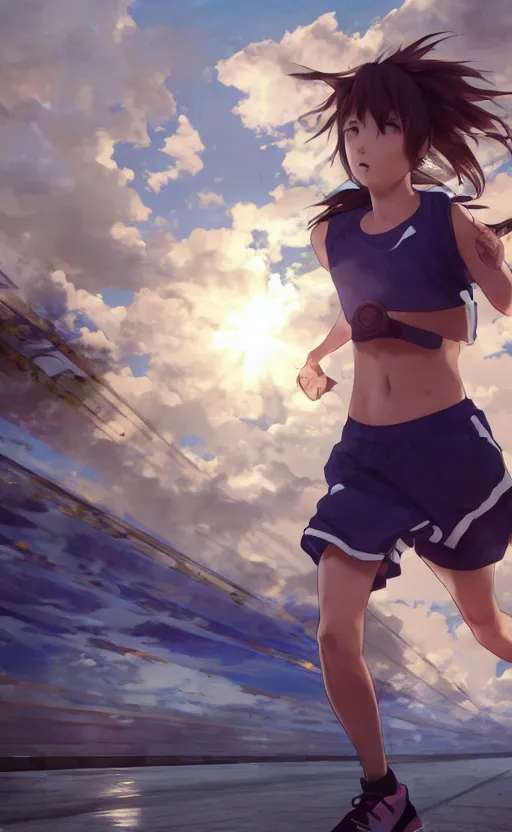 Prompt: a girl running, sport clothing, number tag, anime style, short hair, hair down, shoulder eyes, symmetrical facial features, from arknights, hyper realistic, 4 k, rule of thirds, extreme detail, detailed drawing, trending artstation, hd, d & d, realistic lighting, by alphonse mucha, greg rutkowski, sharp focus, backlit