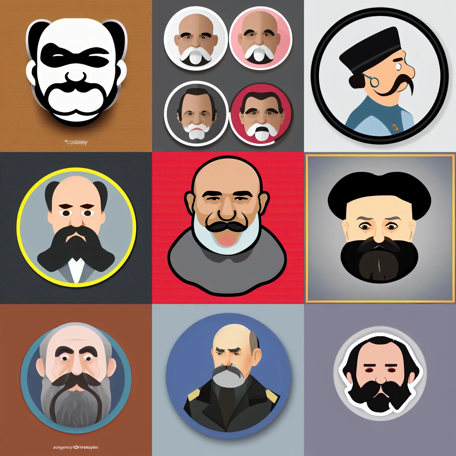 Prompt: circular sticker: old bald Taras Shevchenko with long grey moustache in the style of Disney, simple 2D flat design