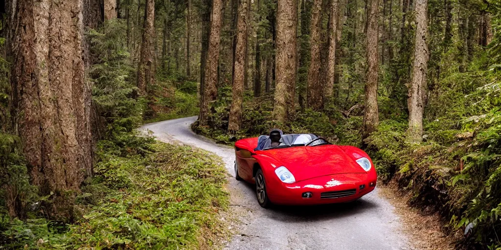 Prompt: red barchetta driving up a mountain with forest around both sides of the road
