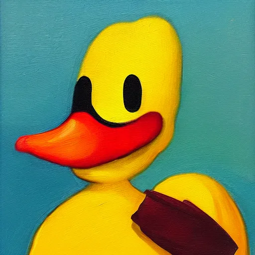 Image similar to yellow duck holding a knife, oil painting