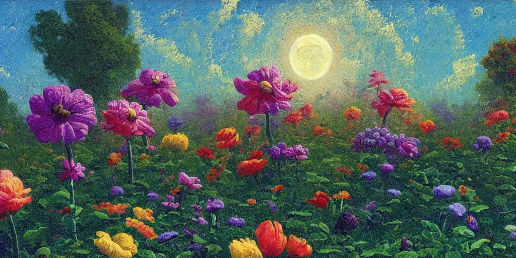 Prompt: a flowering garden on the moon, 👽🤖, impasto paint in the style of martin johnson heade,