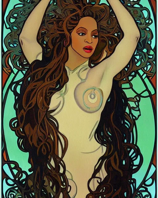 Image similar to a portrait painting of ( ( ( beyonce ) ) ) in the style of alphonse mucha!!!