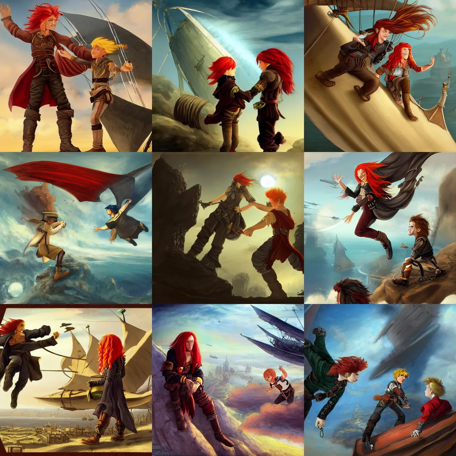 Prompt: A sky-pirate with long red hair meeting a young boy thief with blonde hair on an airship, epic fantasy art style