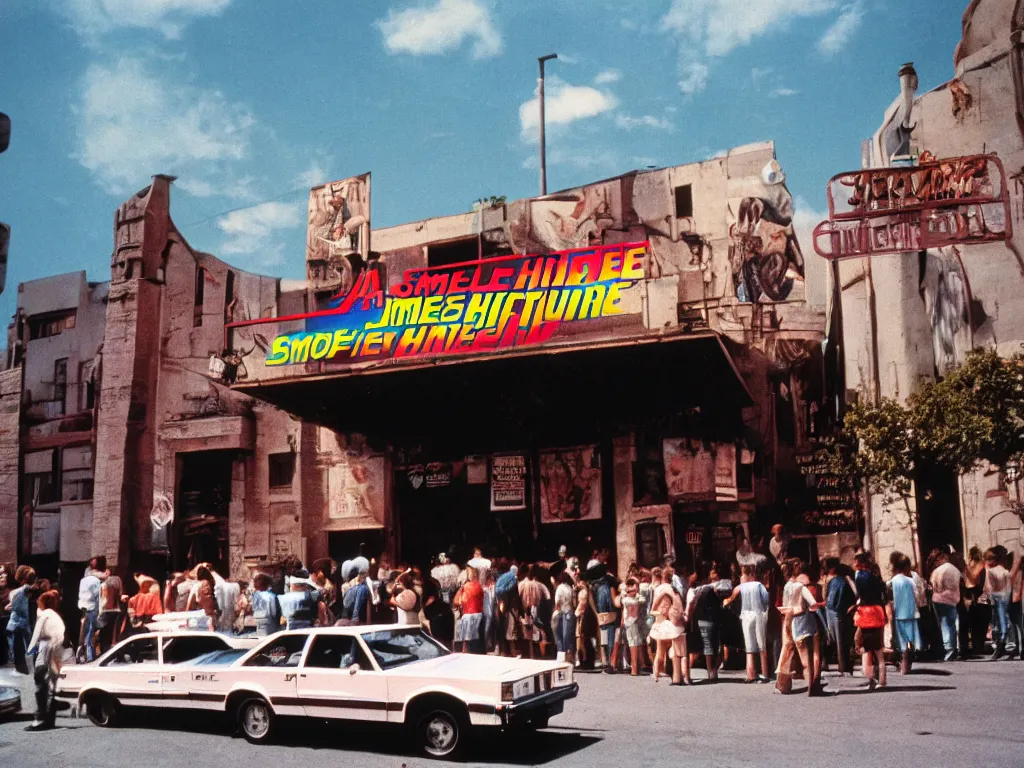 Image similar to a photograph taken with anscochrome 2 0 0, in color, street view of the small theater of the town, with a back to the future banner!!!!!!! a lot of people in a line to enter the theater, ultra detailed, almost night, 1 9 8 5,