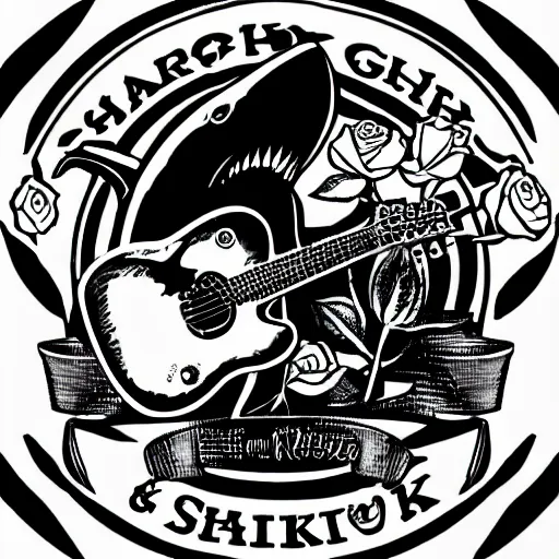 Image similar to Shark and guitar, roses and coins on the background logo, black and white