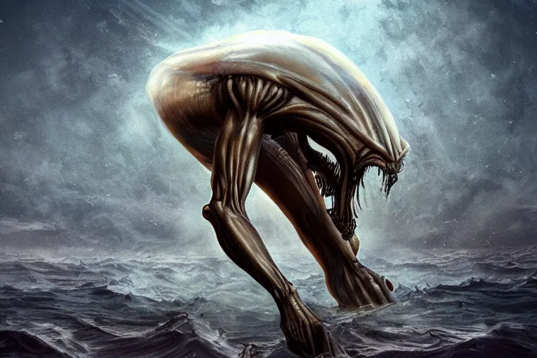 Prompt: alien demon, realistic, submerged on titan