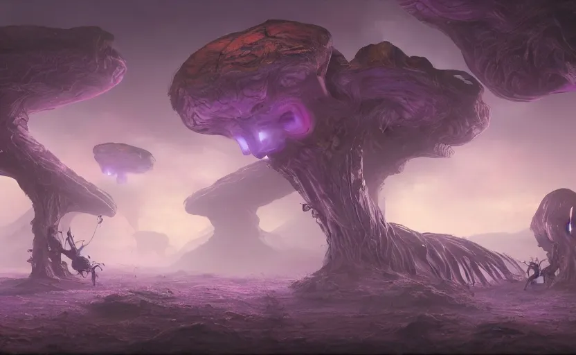 Prompt: matte painting of ant aliens, trending in artstation, purple color lighting