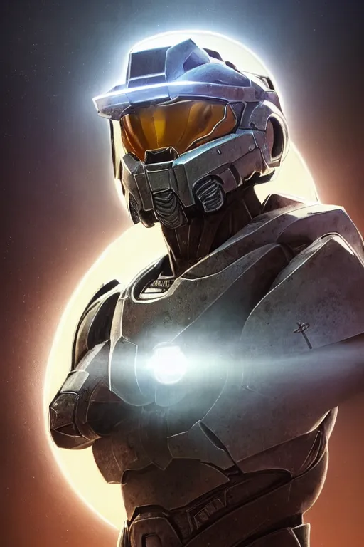 Image similar to portrait of master chief with a halo behind him, catholic religious art, sacred, halo, strong, imposing, biomechanical, by moebius and greg rutkowski and artgerm, octane render, trending on artstation