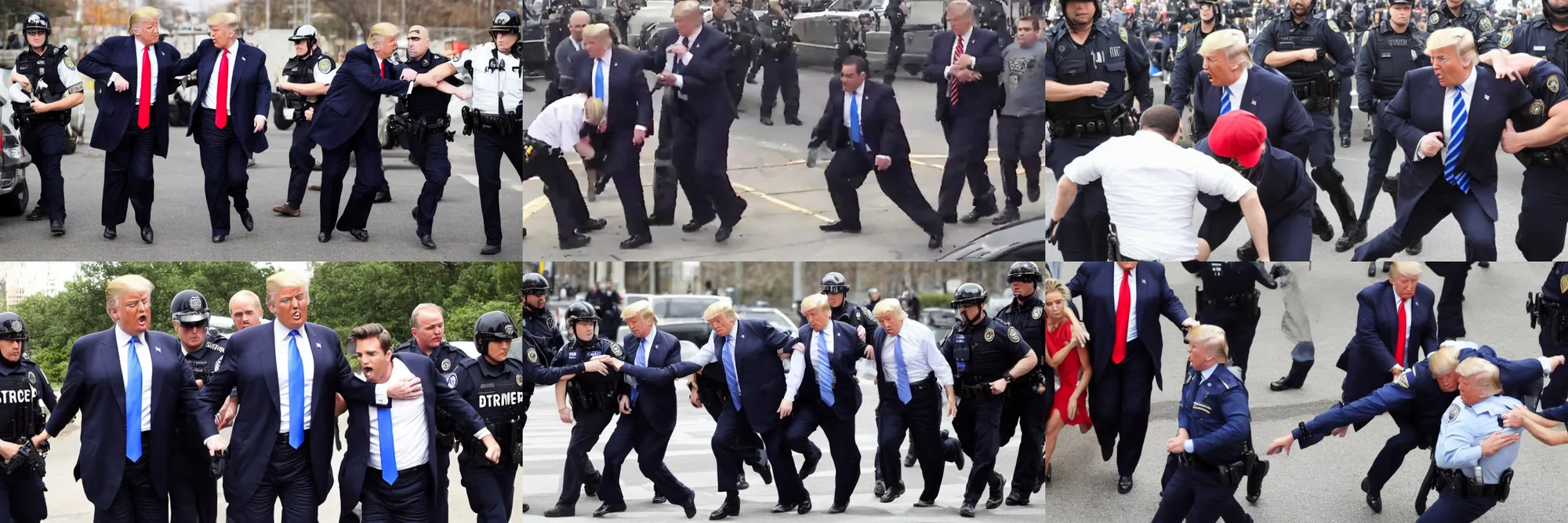 Prompt: news footage of Donald Trump being arrested, heavy action